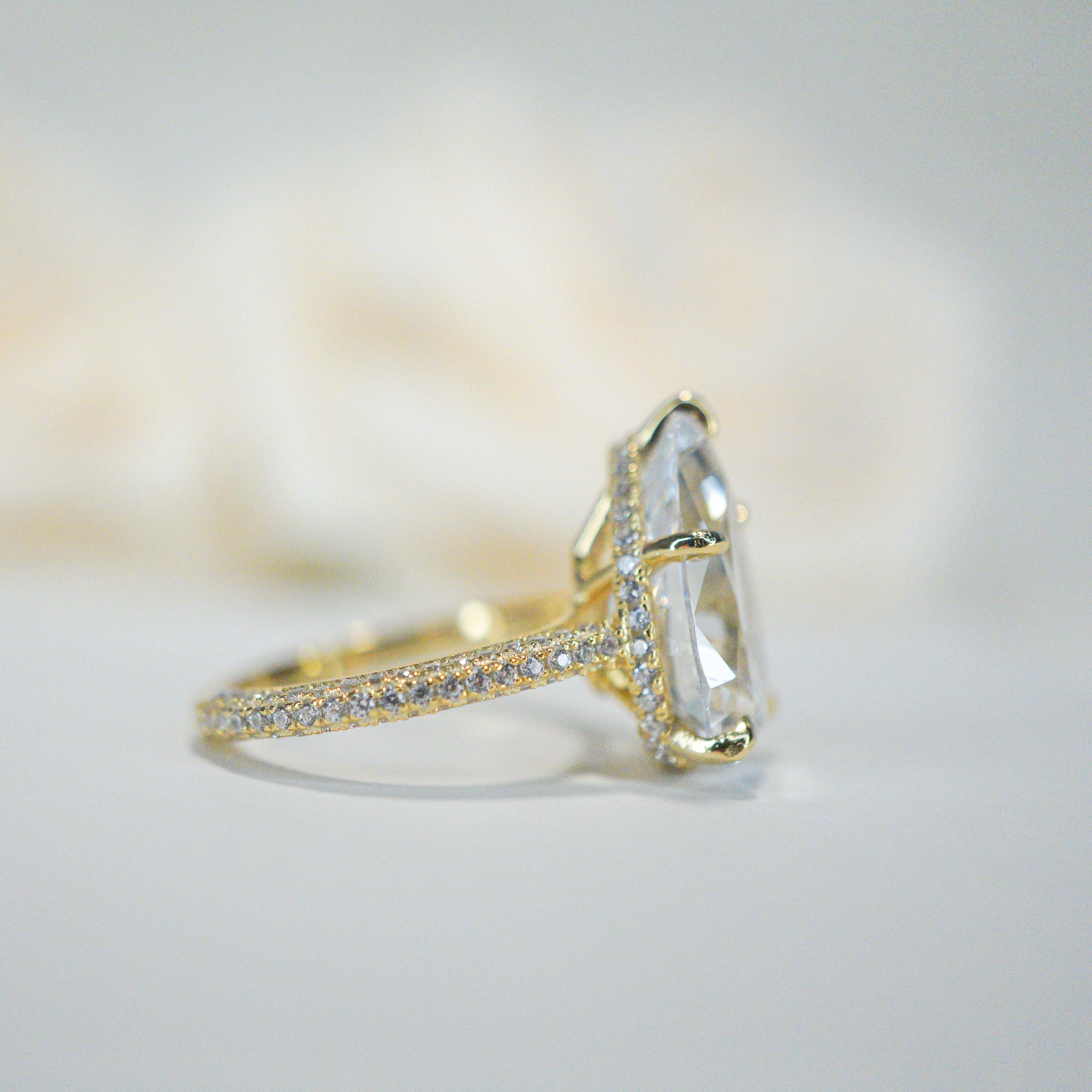 5.0ct Pear Cut Moissanite Three Row Pavè Lab Diamond Engagement Ring