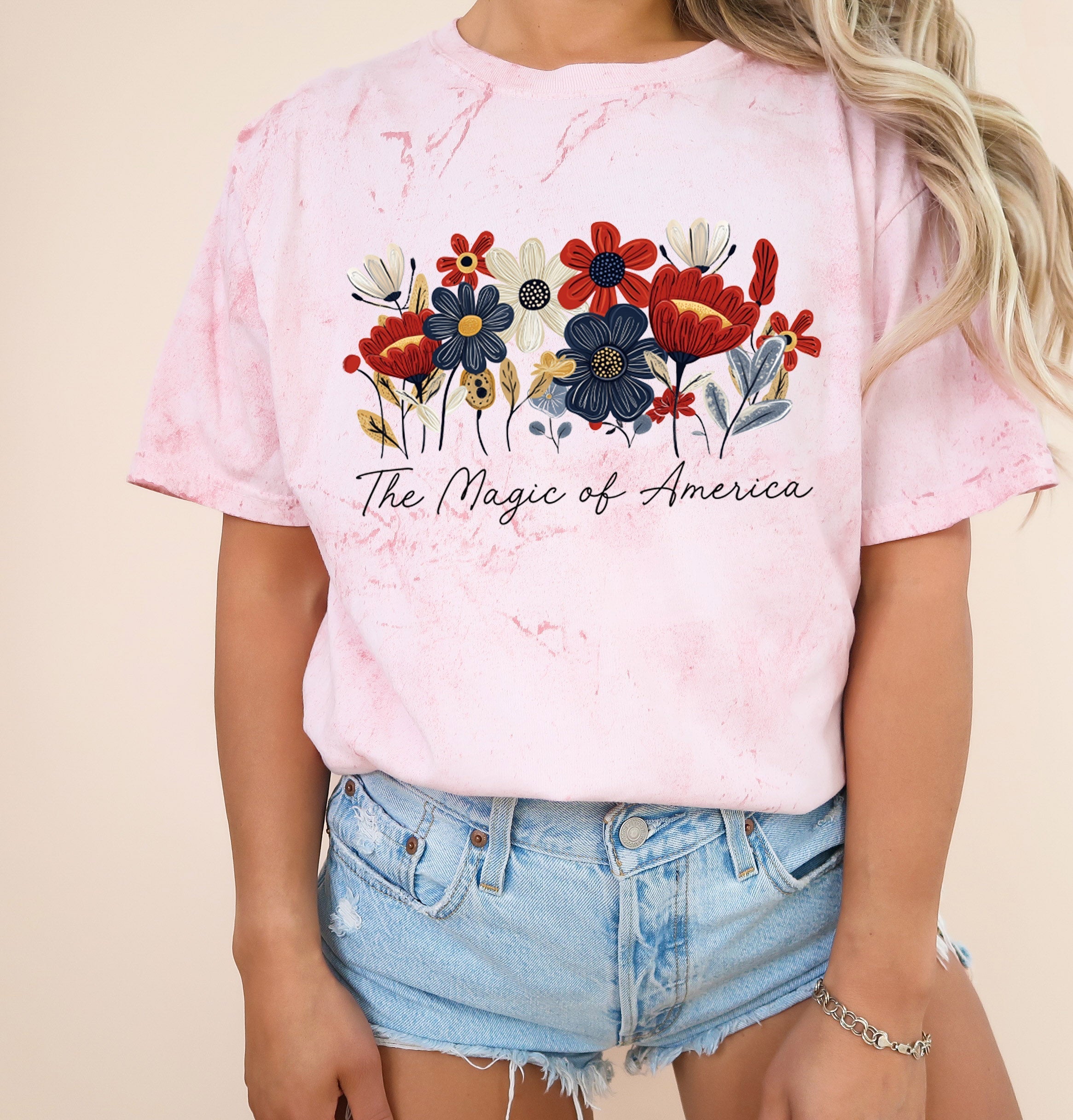 America the Magic of America USA Flag flower Garment Dyed T Shirt