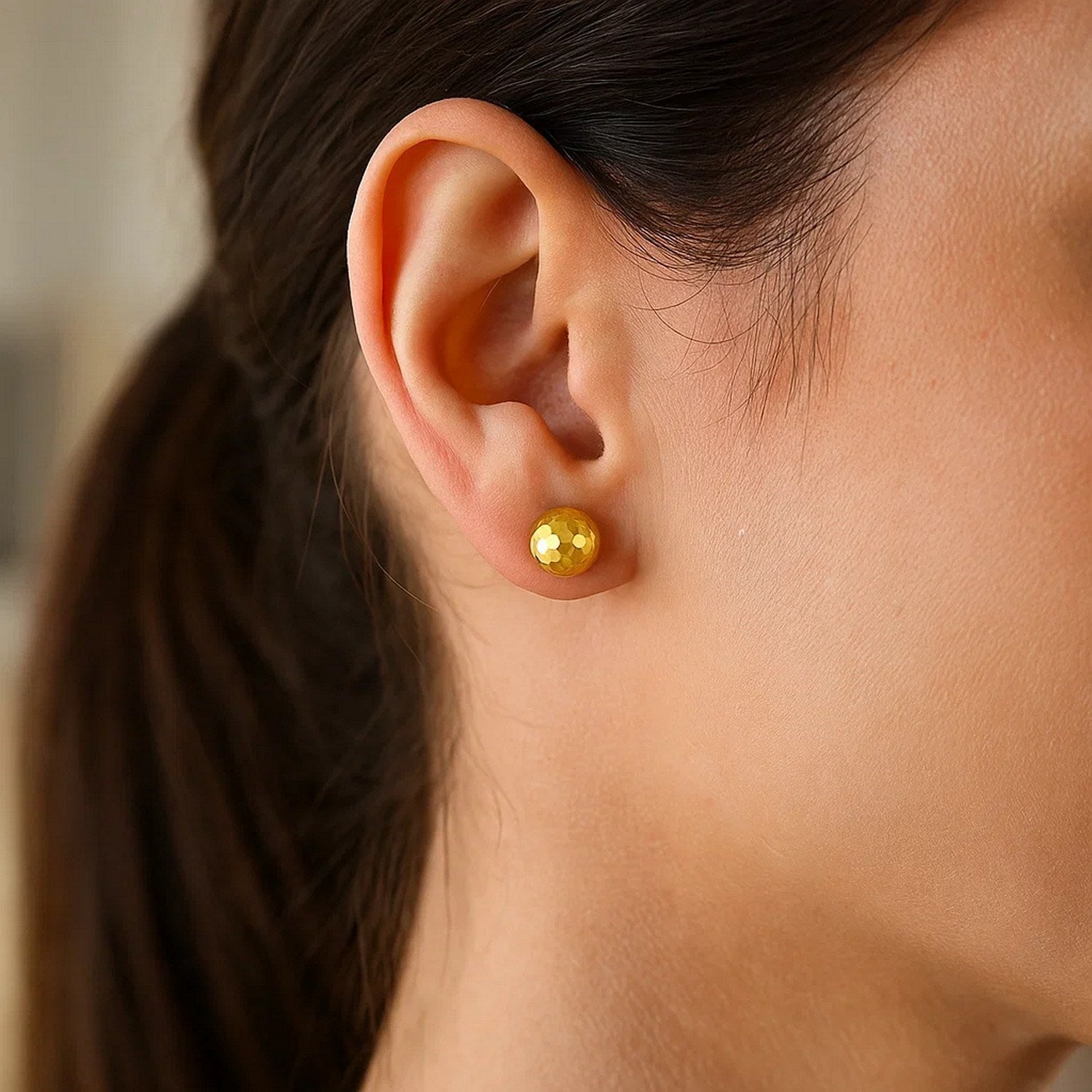 14k Yellow Gold Ball Earrings with Faceted Texture(7mm)