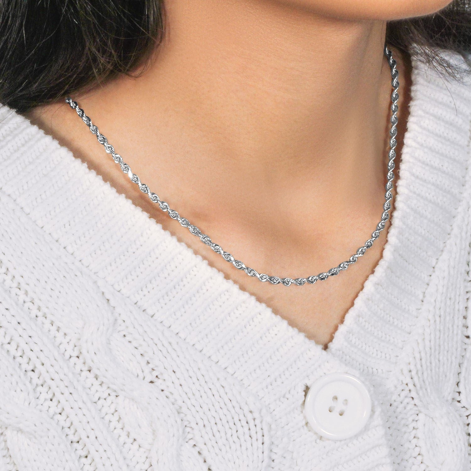 14k White Gold Solid Diamond Cut Rope Chain (3.00 mm)