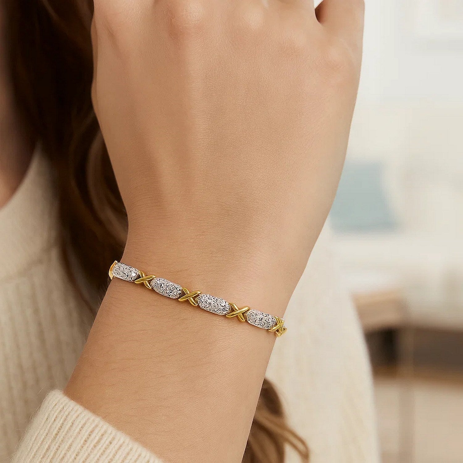 14k Two-Tone Gold Fancy X Line Bracelet (4.80 mm)