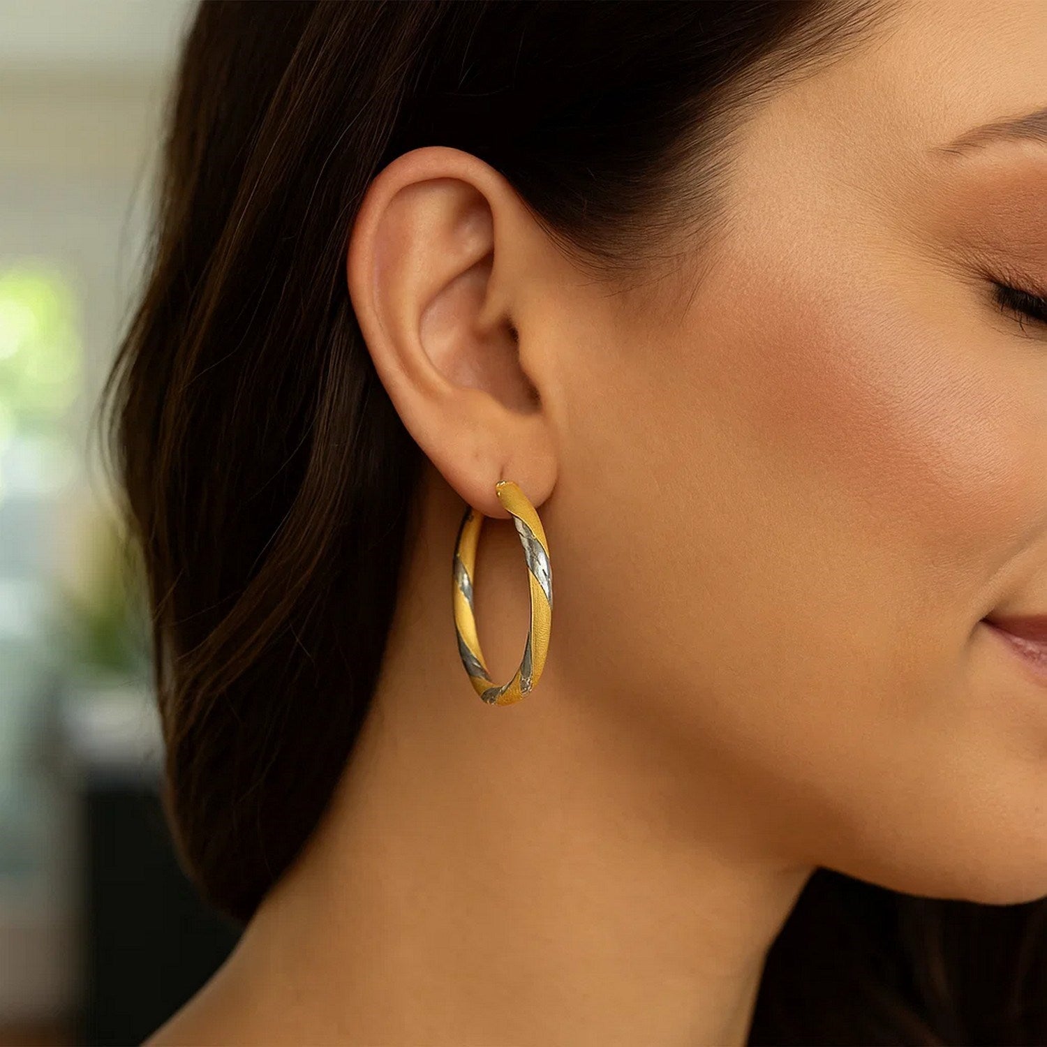 14k Two Tone Gold Polished Hoop Earrings (3x30mm)