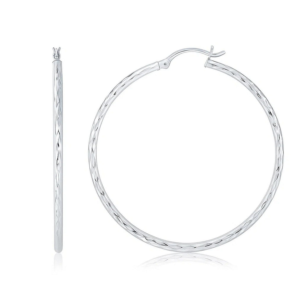 14k White Gold Diamond Cut Hoop Earrings (1 3/4 inch Diameter)