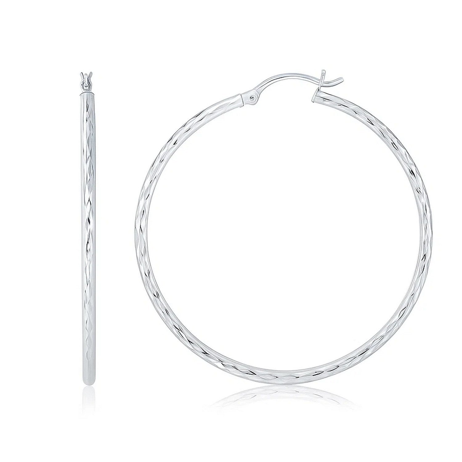 14k White Gold Diamond Cut Hoop Earrings (1 3/4 inch Diameter)