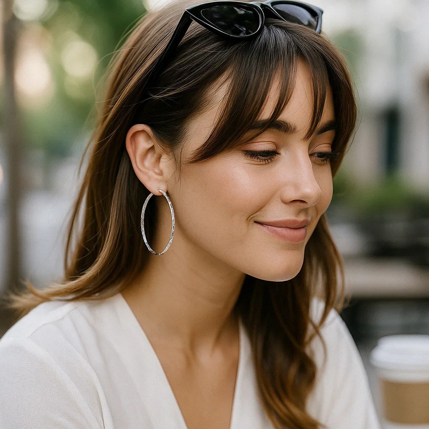 14k White Gold Diamond Cut Hoop Earrings (1 3/4 inch Diameter)