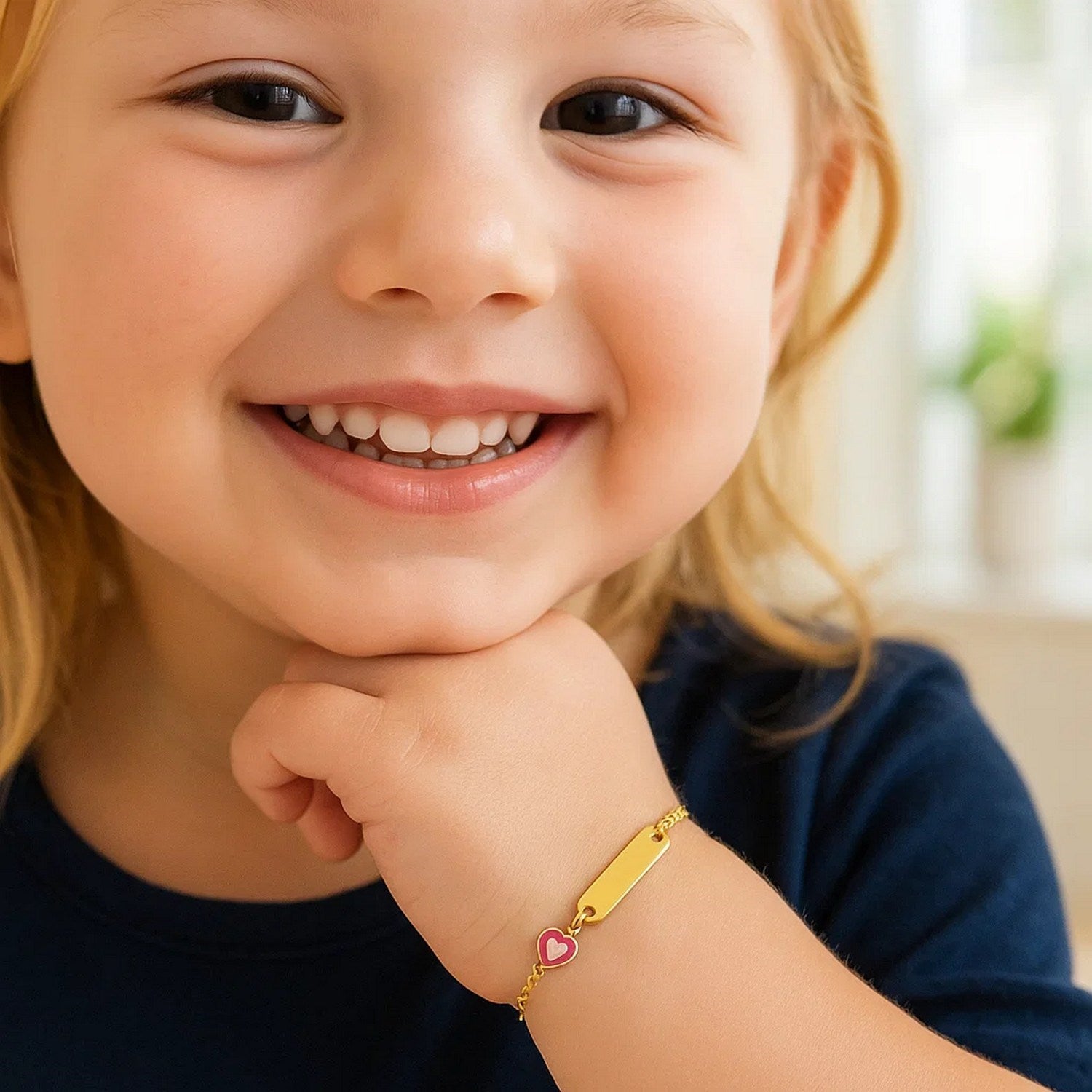 14k Yellow Gold 5 1/2 inch Childrens ID Bracelet with Enameled Heart (1.00 mm)