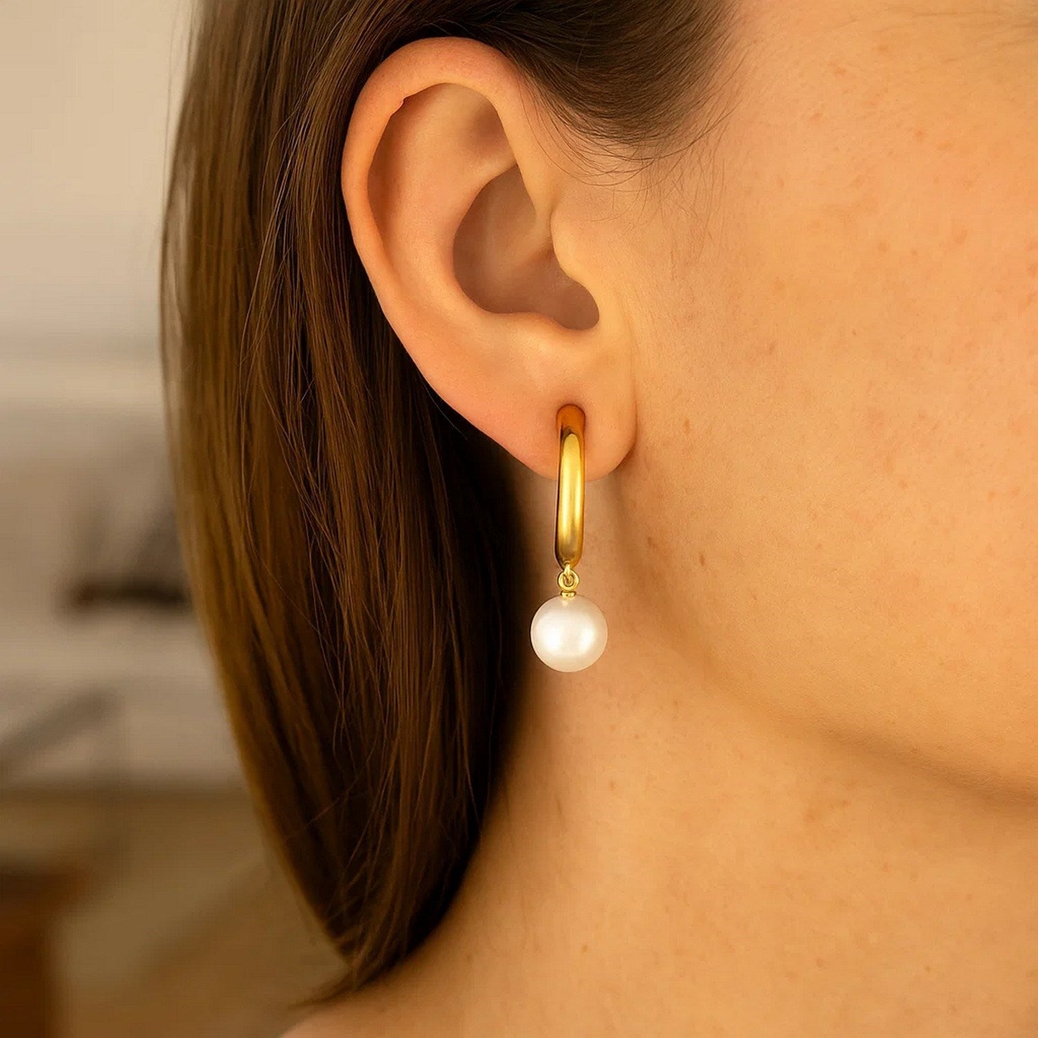 14k Yellow Gold Half Hoop Earrings with Pearls