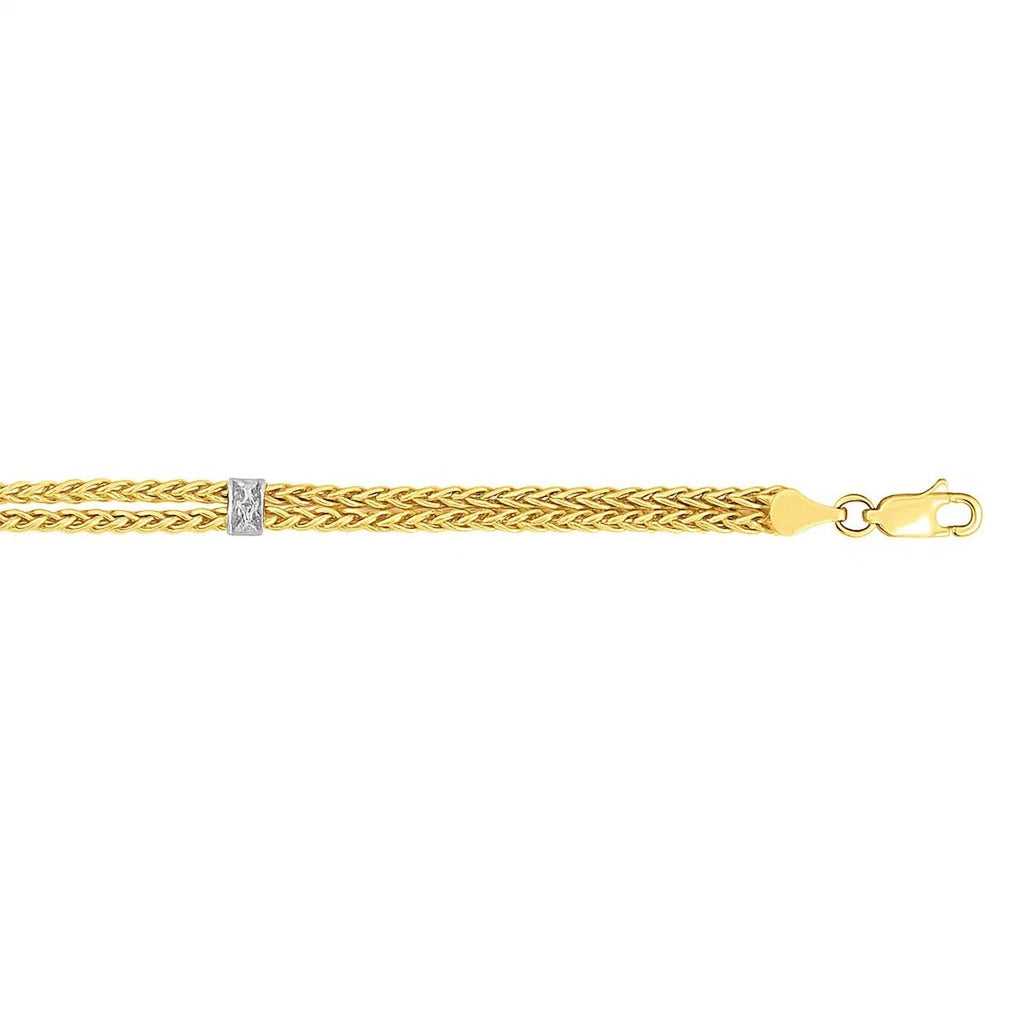 14k Two-Tone Gold Dual Wheat Chain Bracelet with Diamond Stations (3.75 mm)