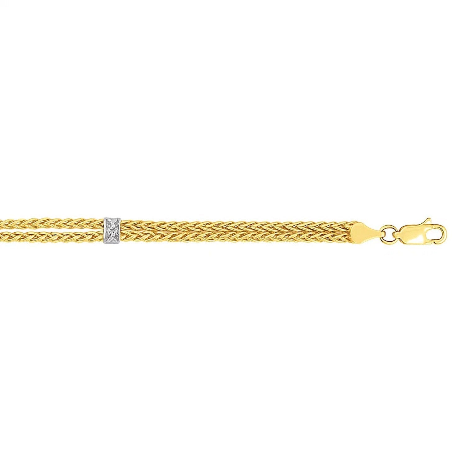 14k Two-Tone Gold Dual Wheat Chain Bracelet with Diamond Stations (3.75 mm)