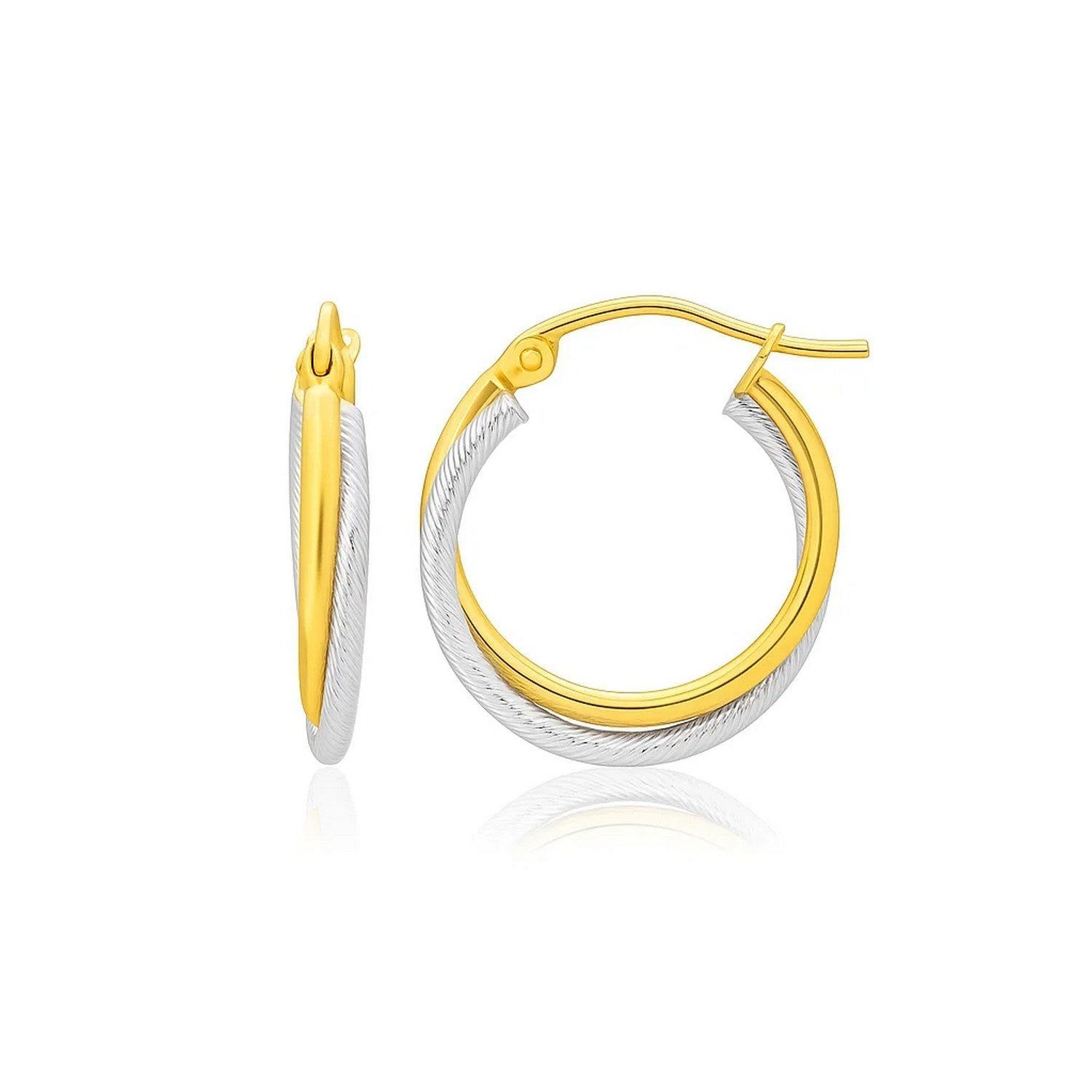 14k Two Tone Gold Double Polished and Textured Hoop Earrings