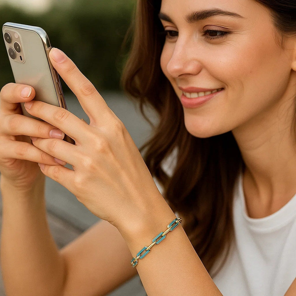 14k Yellow Gold Turquoise Paperclip Gem Link Bracelet (7.00 mm)