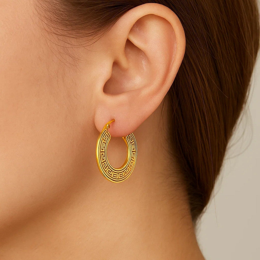 14k Yellow Gold Greek Key Small Hoop Earrings
