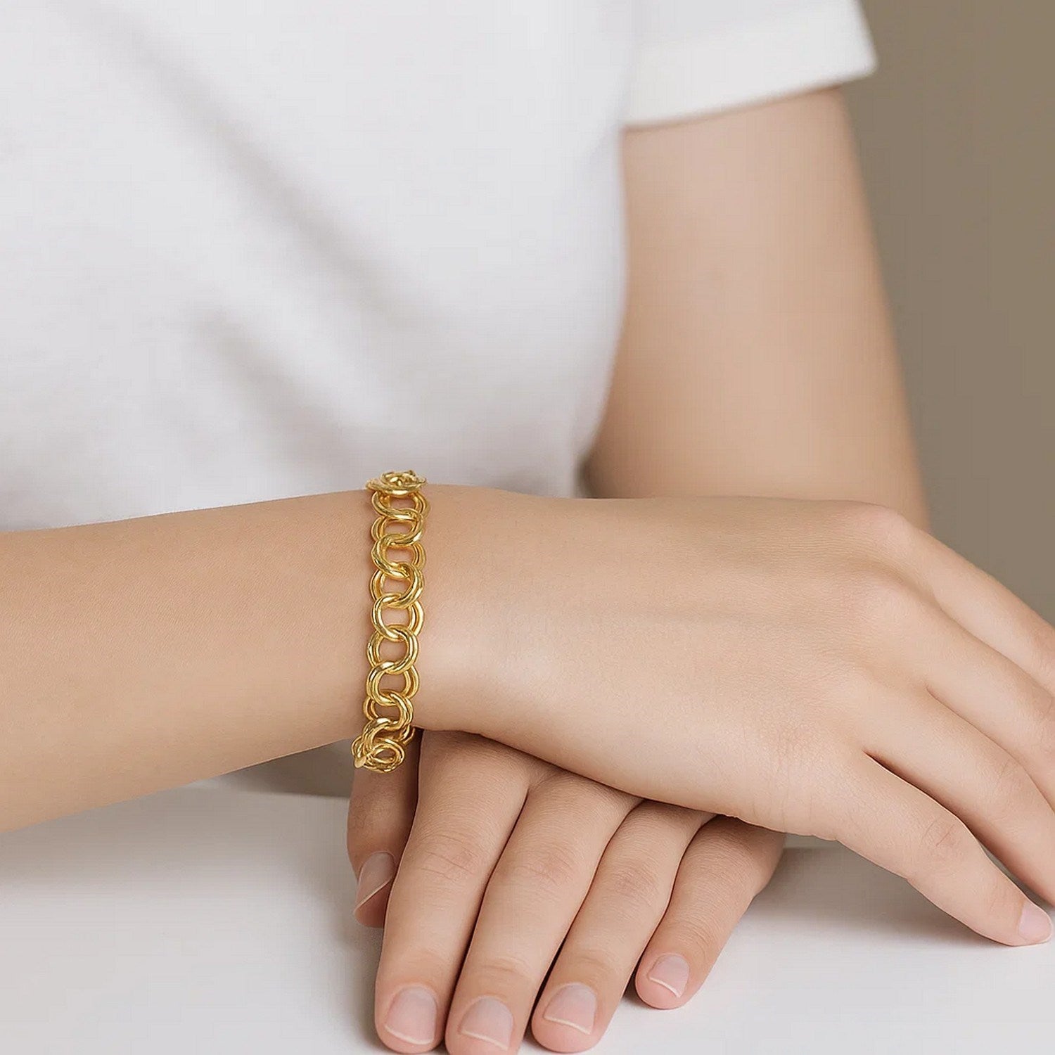 14k Yellow Gold Solid Double Link Charm Bracelet (6.00 mm)