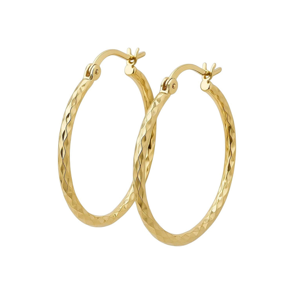 14k Yellow Gold Slender Hoop Earring with Diamond-Cut Finish (25mm Diameter)