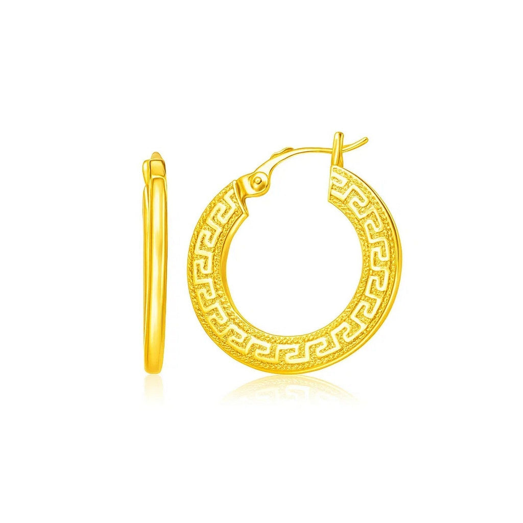 14k Yellow Gold Greek Key Medium Hoop Earrings with Flat Sides
