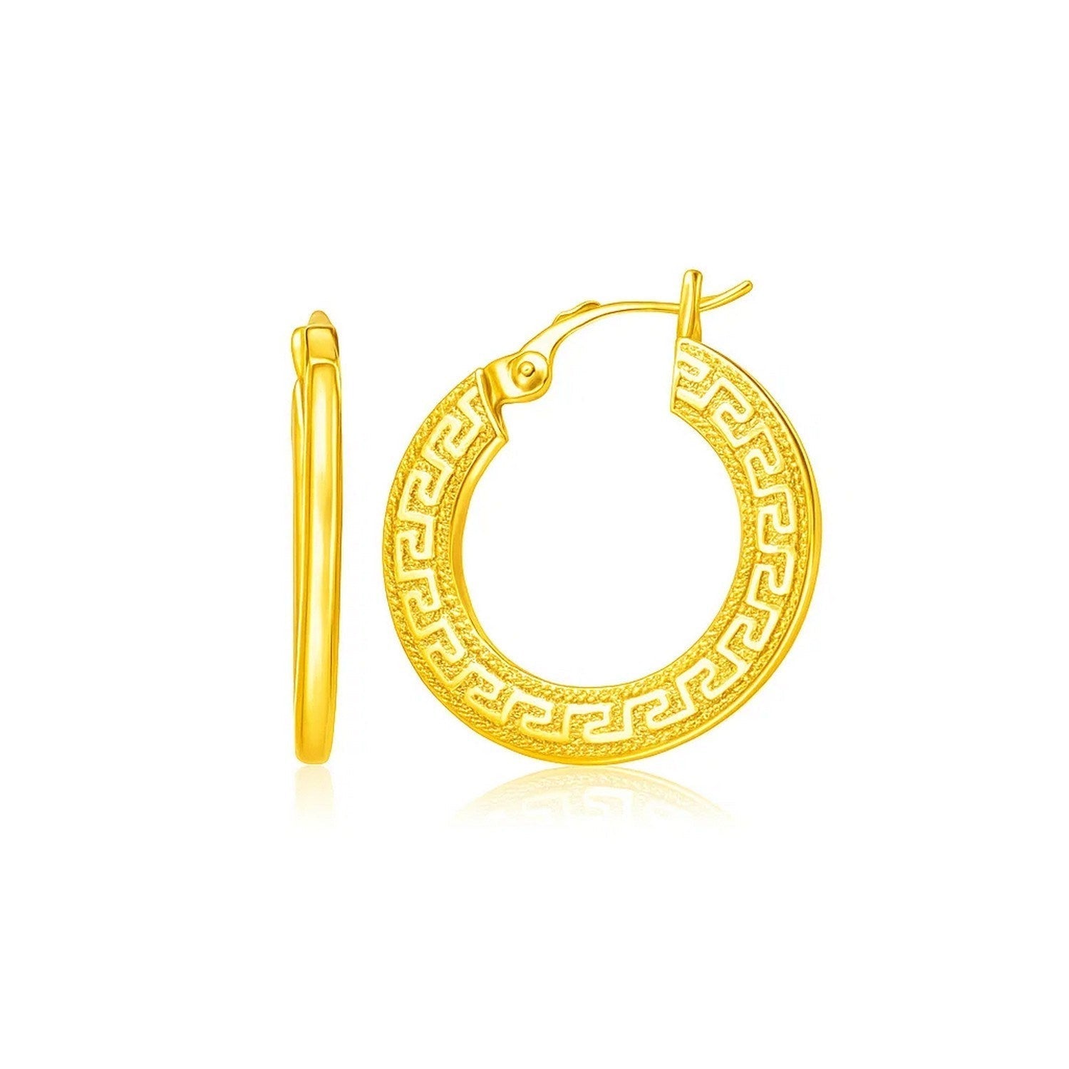 14k Yellow Gold Greek Key Medium Hoop Earrings with Flat Sides