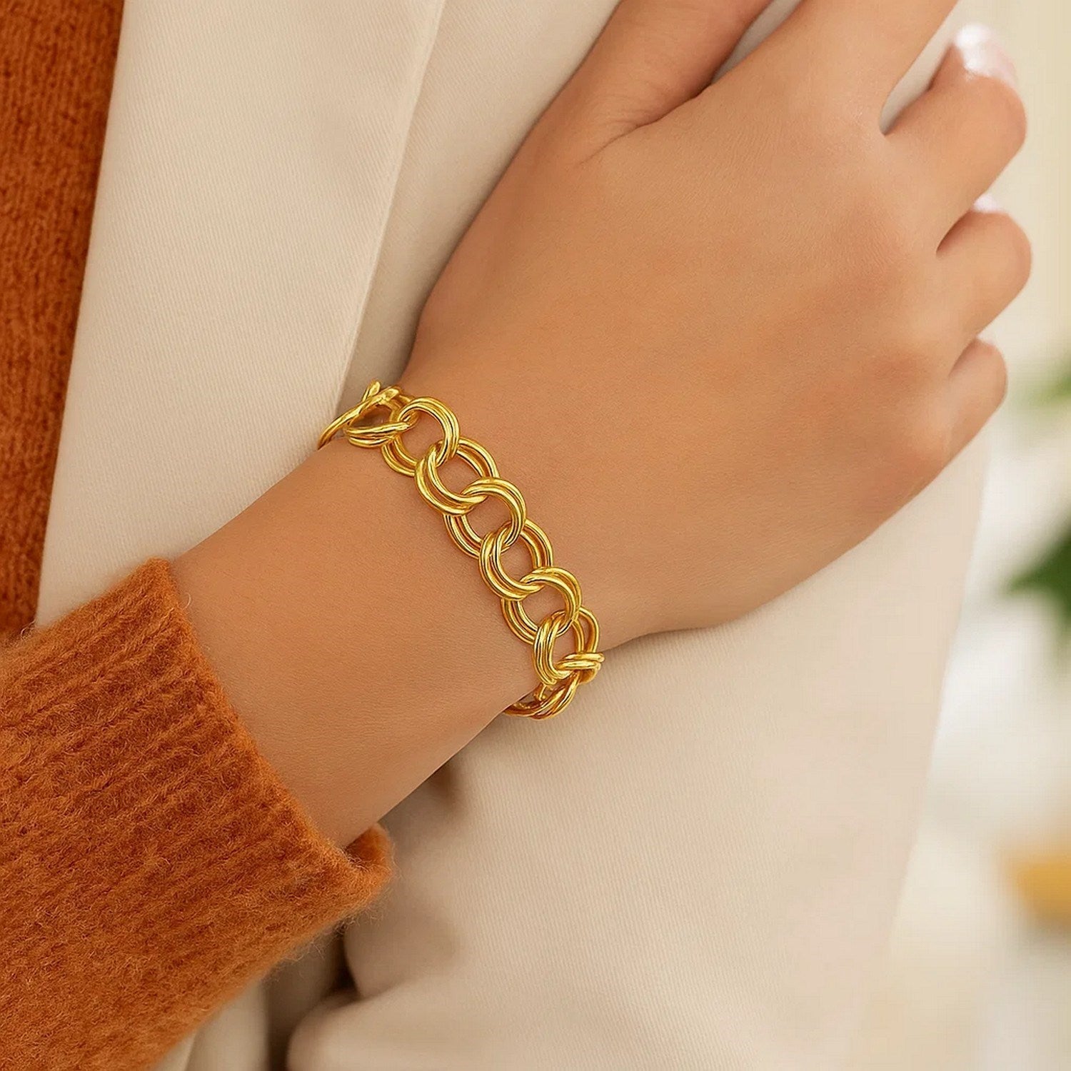 14k Yellow Gold Solid Double Link Charm Bracelet (10.00 mm)