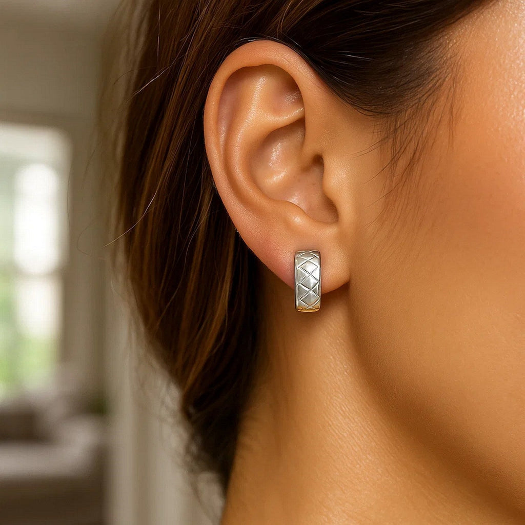 14k Two-Tone Gold Reversible Quilted Hinged Hoop Huggie Earrings