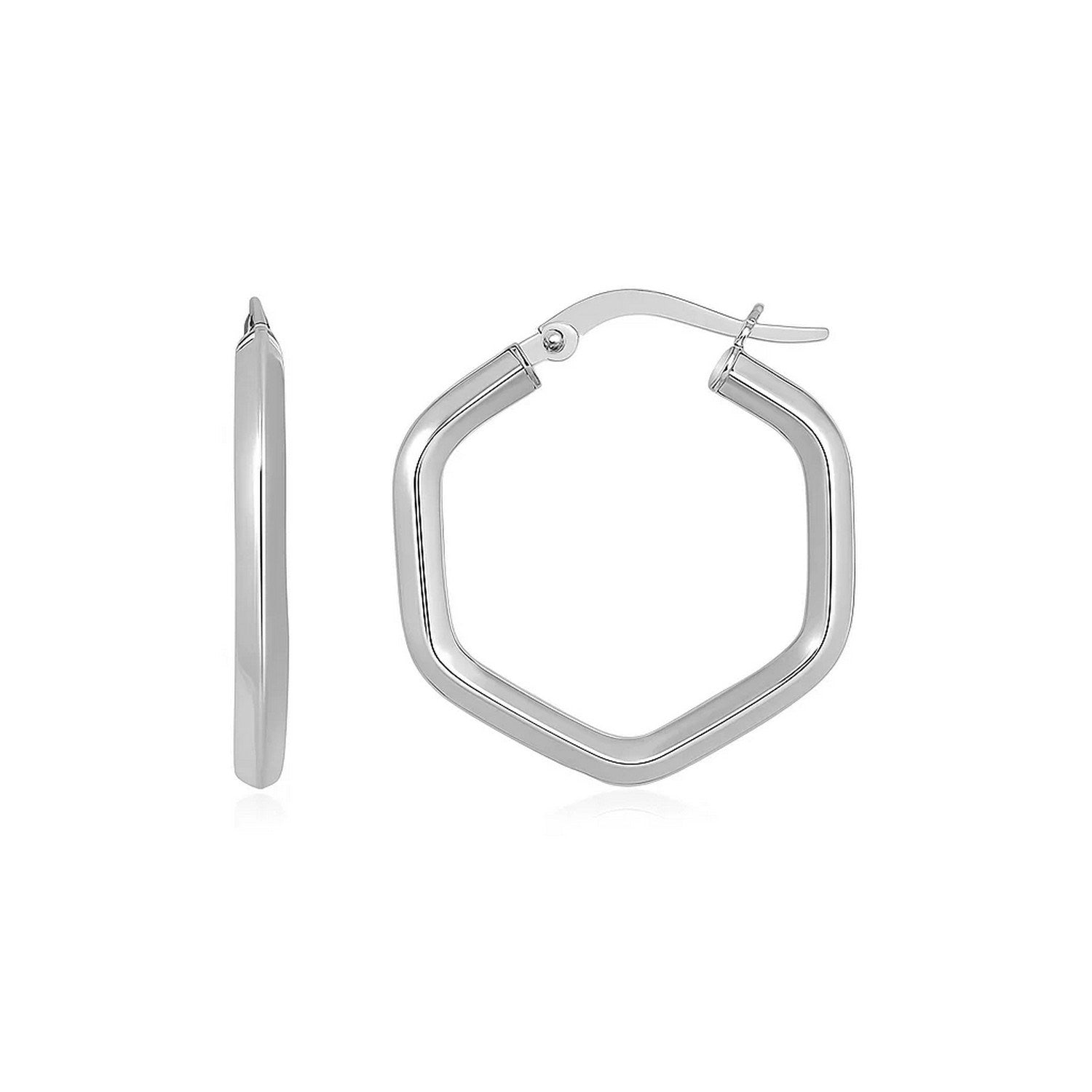14k White Gold Shiny Hexagon Hoop Earrings
