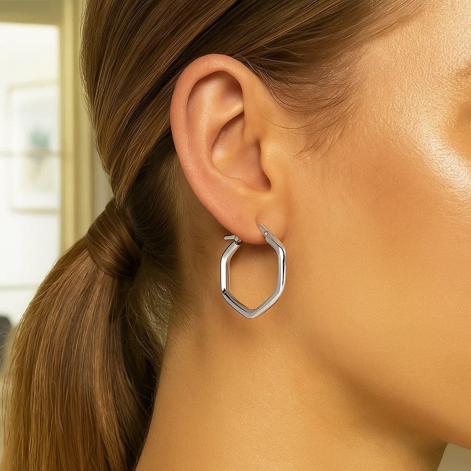 14k White Gold Shiny Hexagon Hoop Earrings