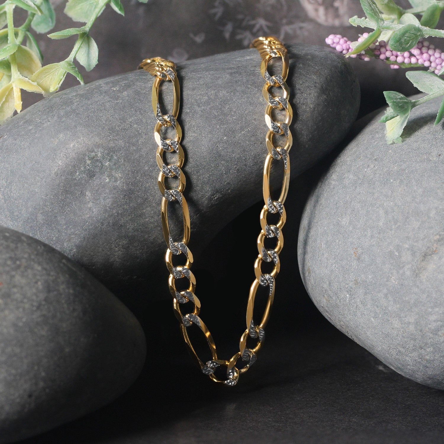 14K Yellow Gold Solid Pave Figaro Chain (5.90 mm)
