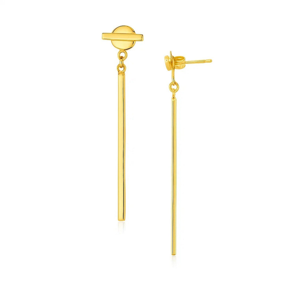 14k Yellow Gold Modern Disc and Bar Drop Earrings