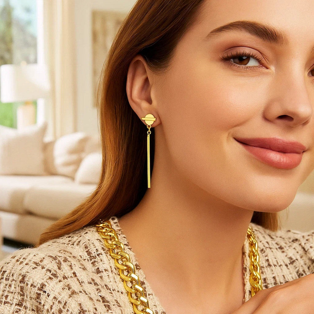 14k Yellow Gold Modern Disc and Bar Drop Earrings