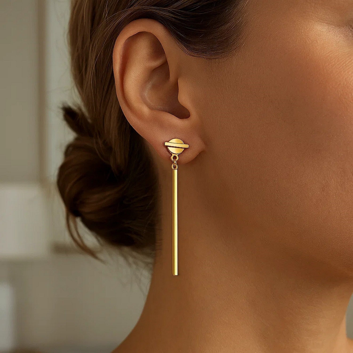14k Yellow Gold Modern Disc and Bar Drop Earrings