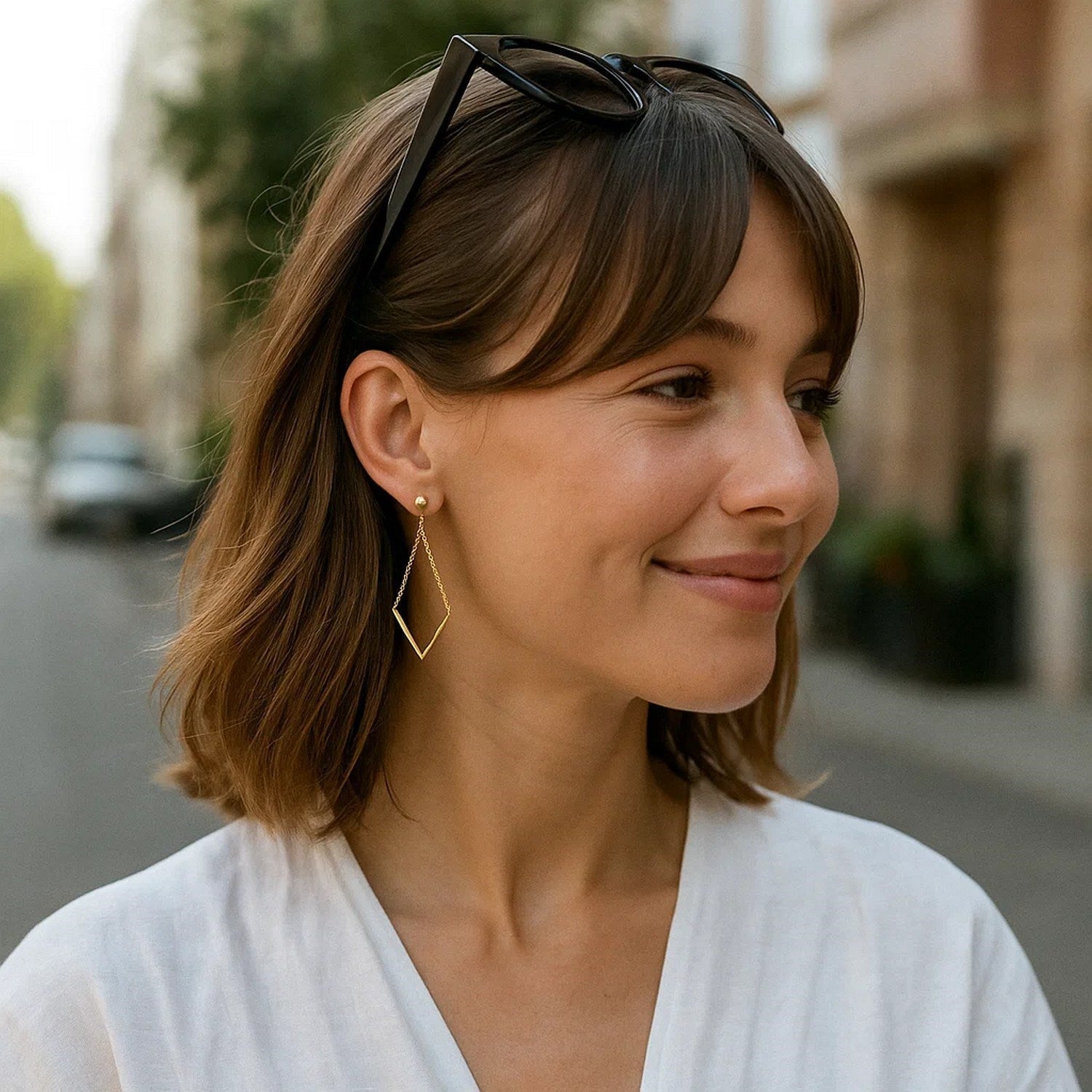 14k Yellow Gold Diamond Shape Chain Drop Earrings