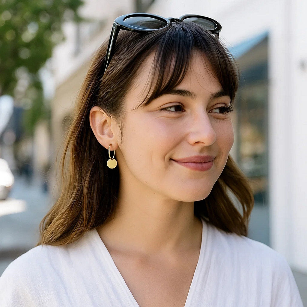 14k Yellow Gold Huggie Style Hoop Earrings with Circle Drops