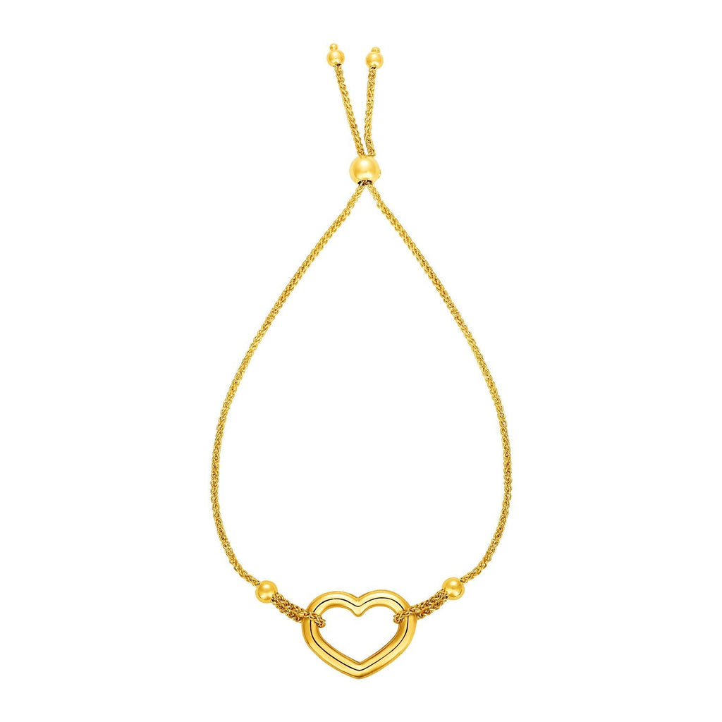 Adjustable Bracelet with Shiny Open Heart in 14k Yellow Gold (1.00 mm)