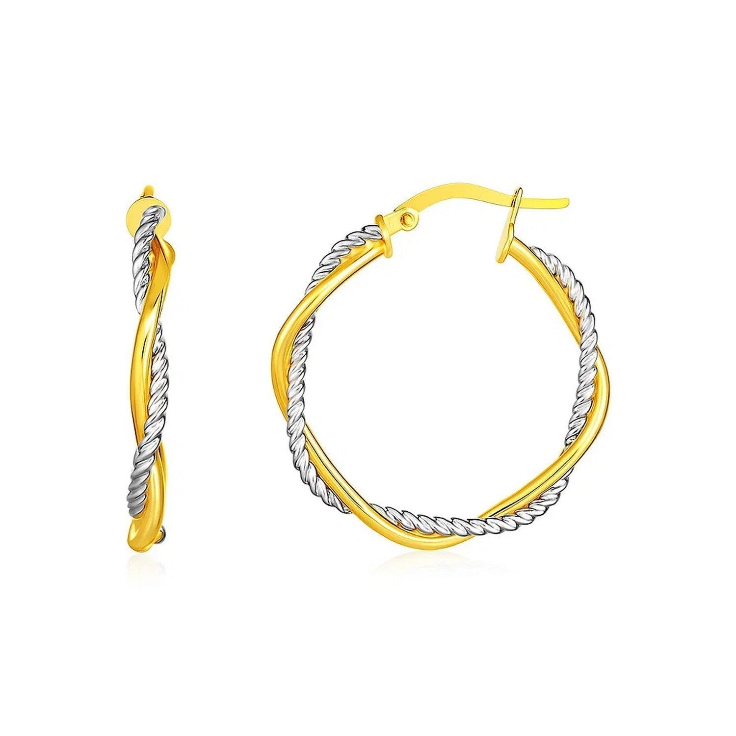 14k Yellow and White Gold Two Part Textured Twisted Round Hoop Earrings(3x23mm)