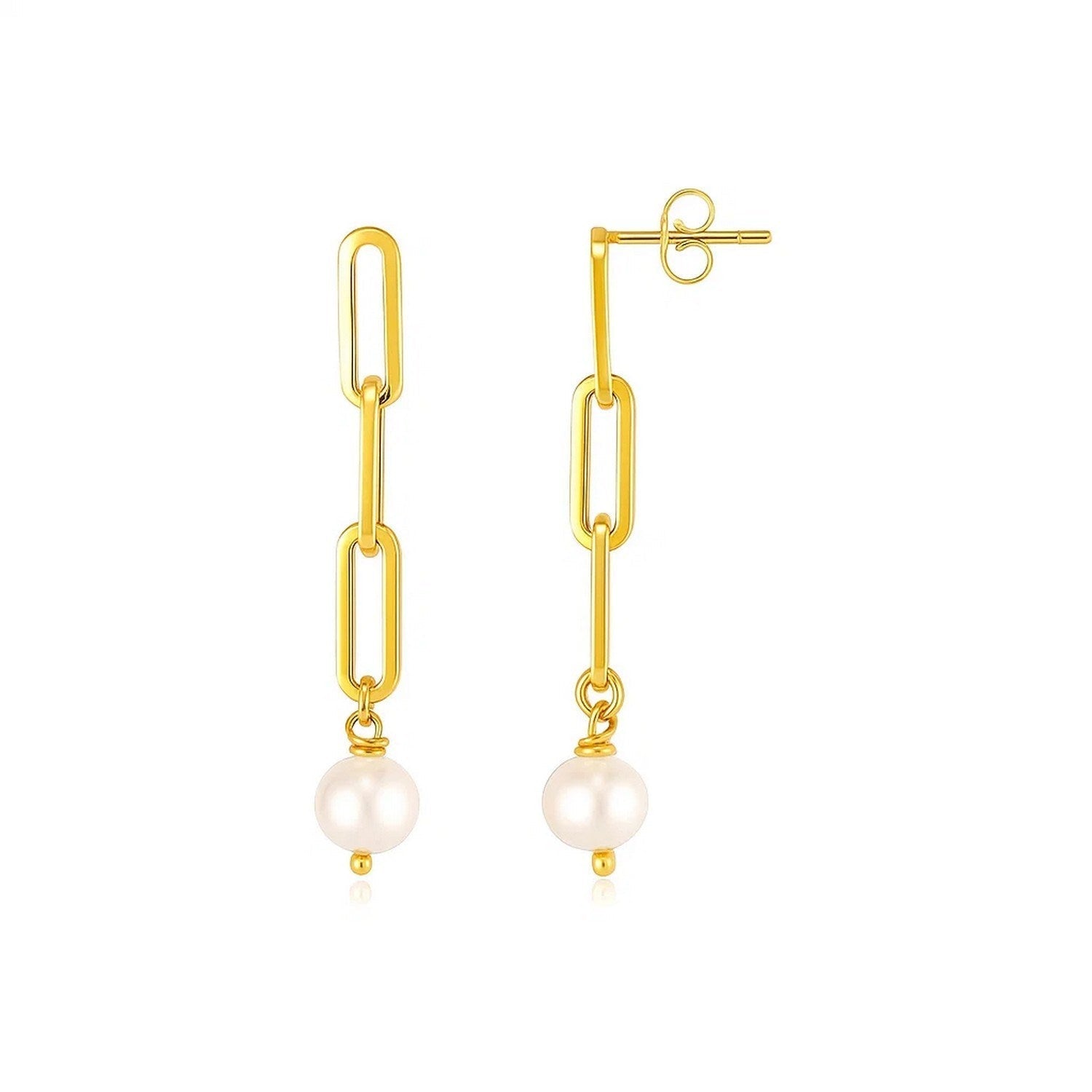 14k Yellow Gold Paperclip Chain Link Earrings with Pearls