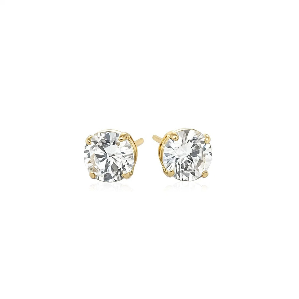 14k Yellow Gold Stud Earrings with White Hue Faceted Cubic Zirconia(6mm)