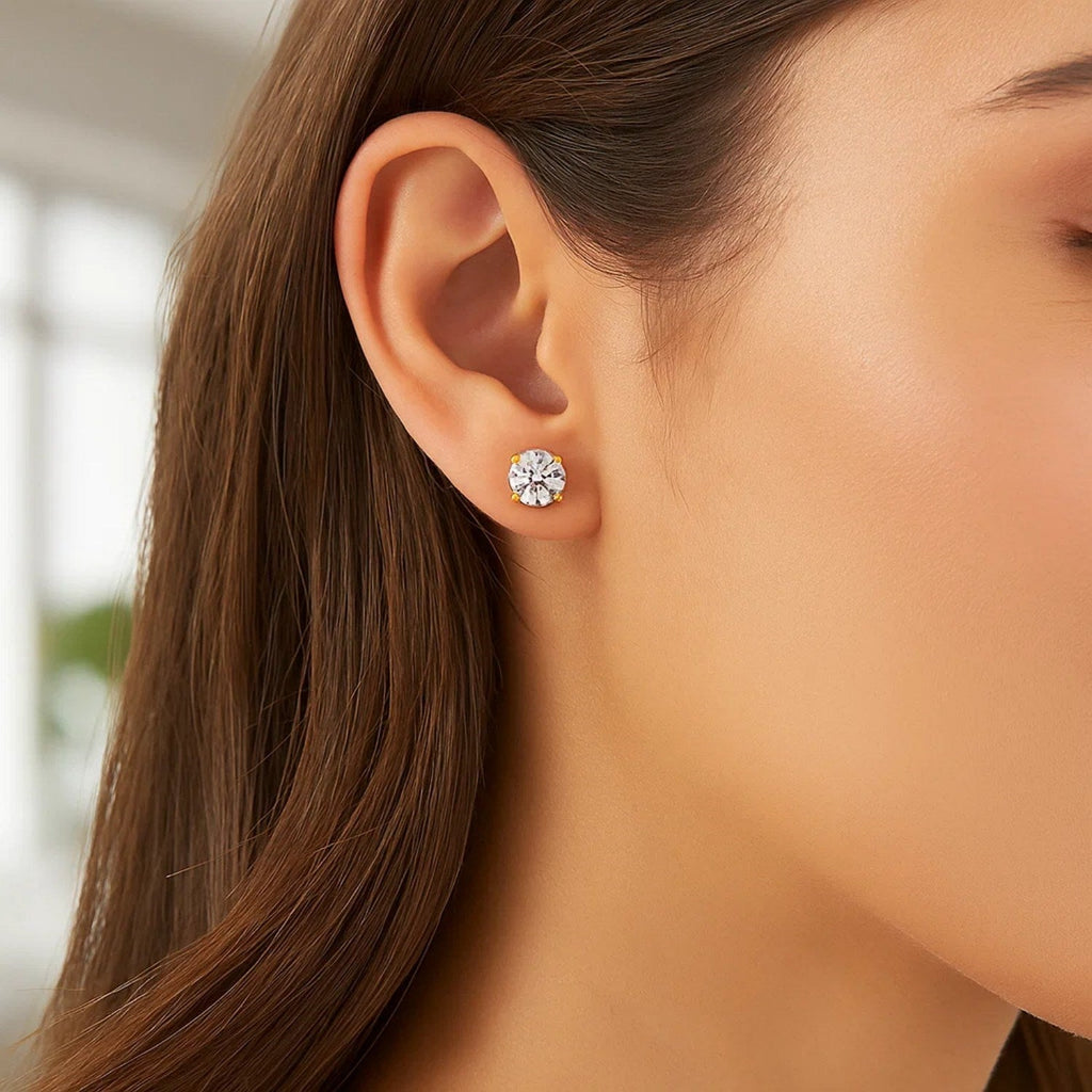 14k Yellow Gold Stud Earrings with White Hue Faceted Cubic Zirconia(6mm)