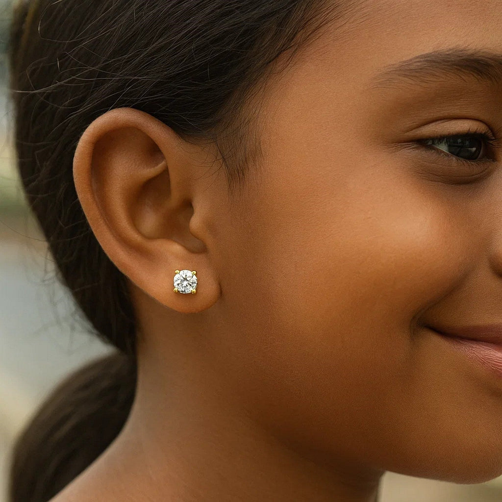 14k Yellow Gold Stud Earrings with White Hue Faceted Cubic Zirconia(3mm)