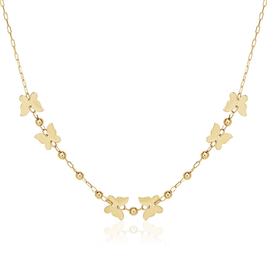 14k Yellow Gold 18 inch Necklace with Polished Butterflies and Beads