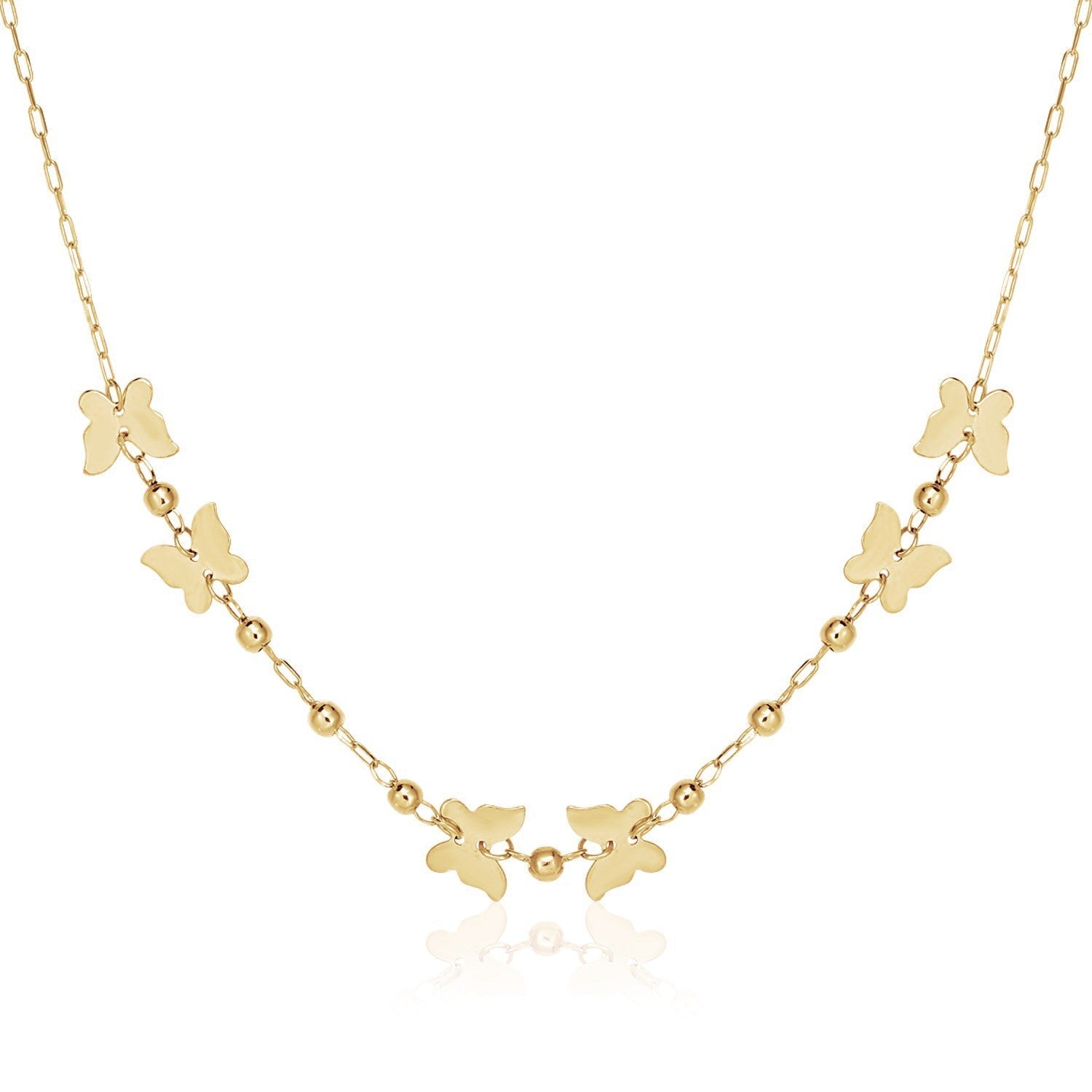 14k Yellow Gold 18 inch Necklace with Polished Butterflies and Beads