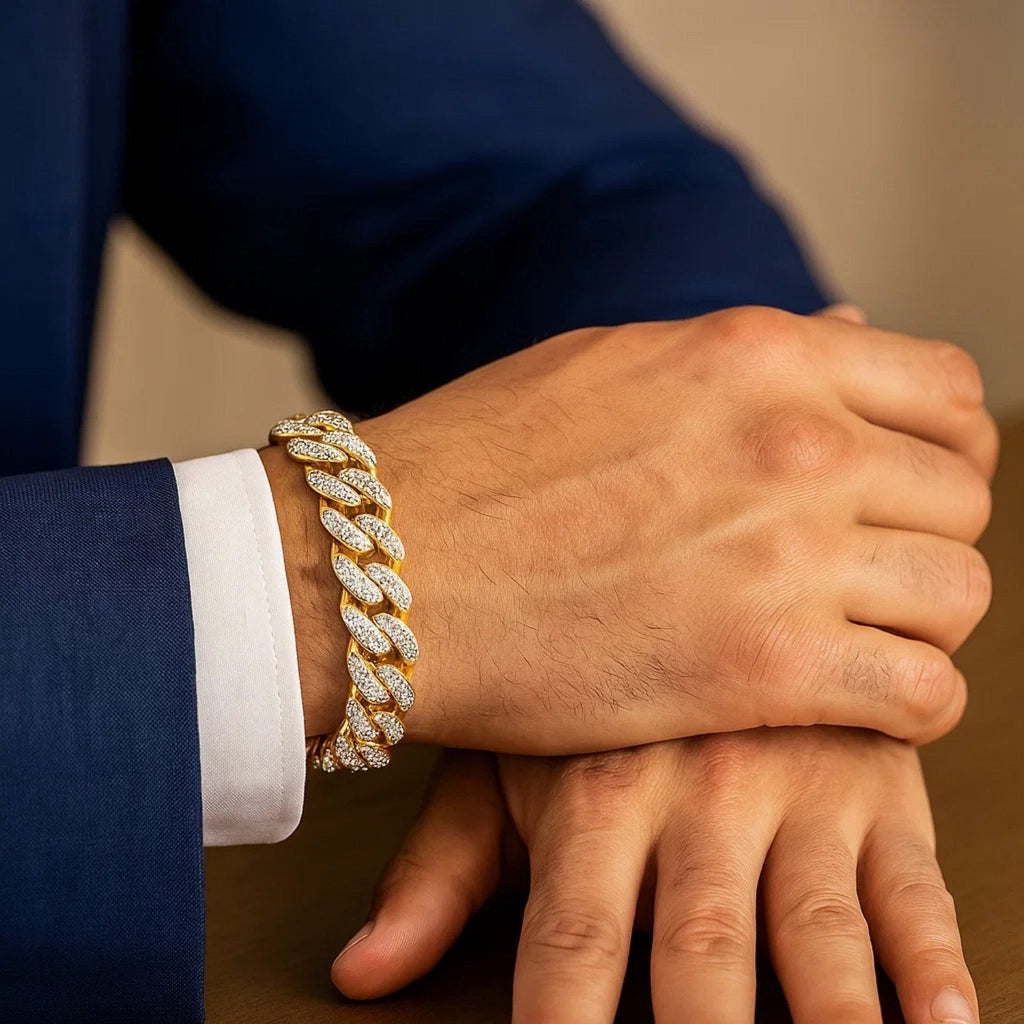 14k Two Tone Gold 8 1/2 inch Curb Chain Bracelet with White Pave (11.50 mm)