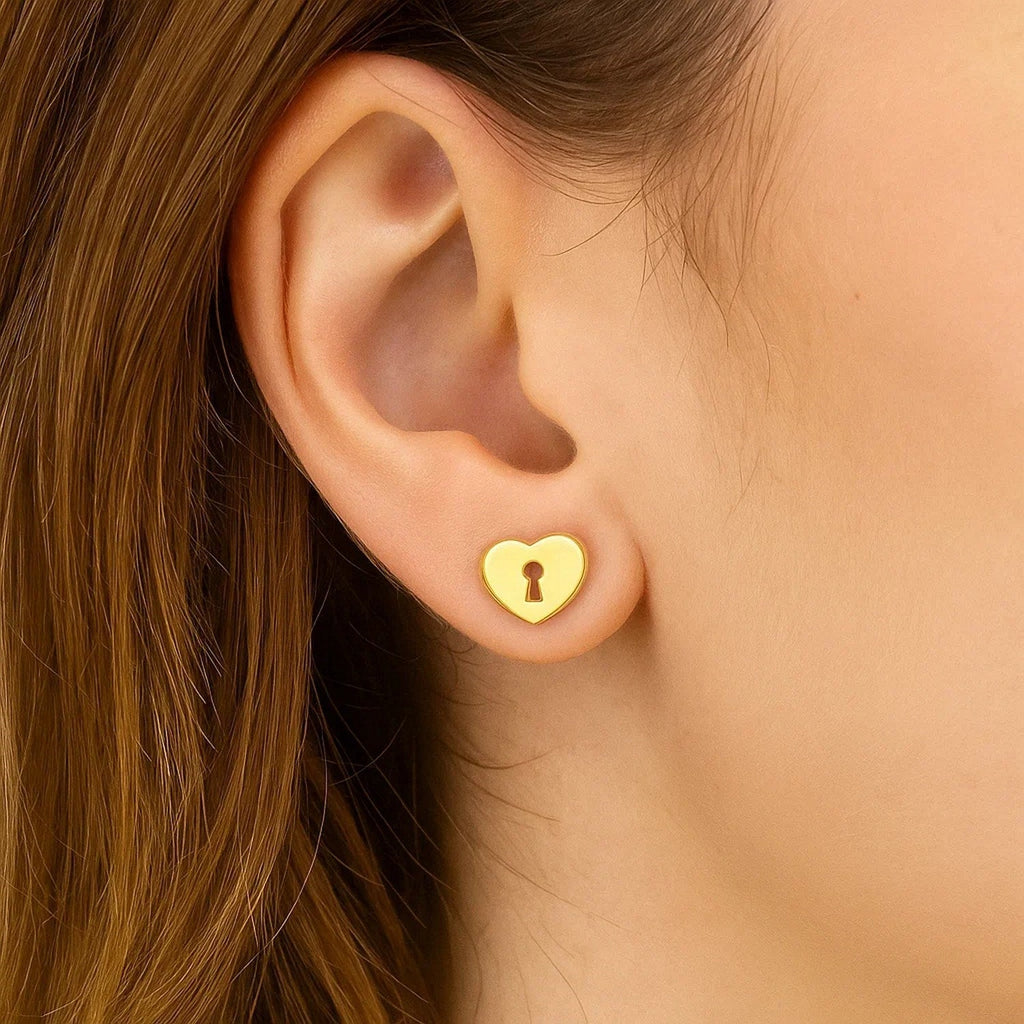 14k Yellow Gold Heart Padlock Stud Earrings