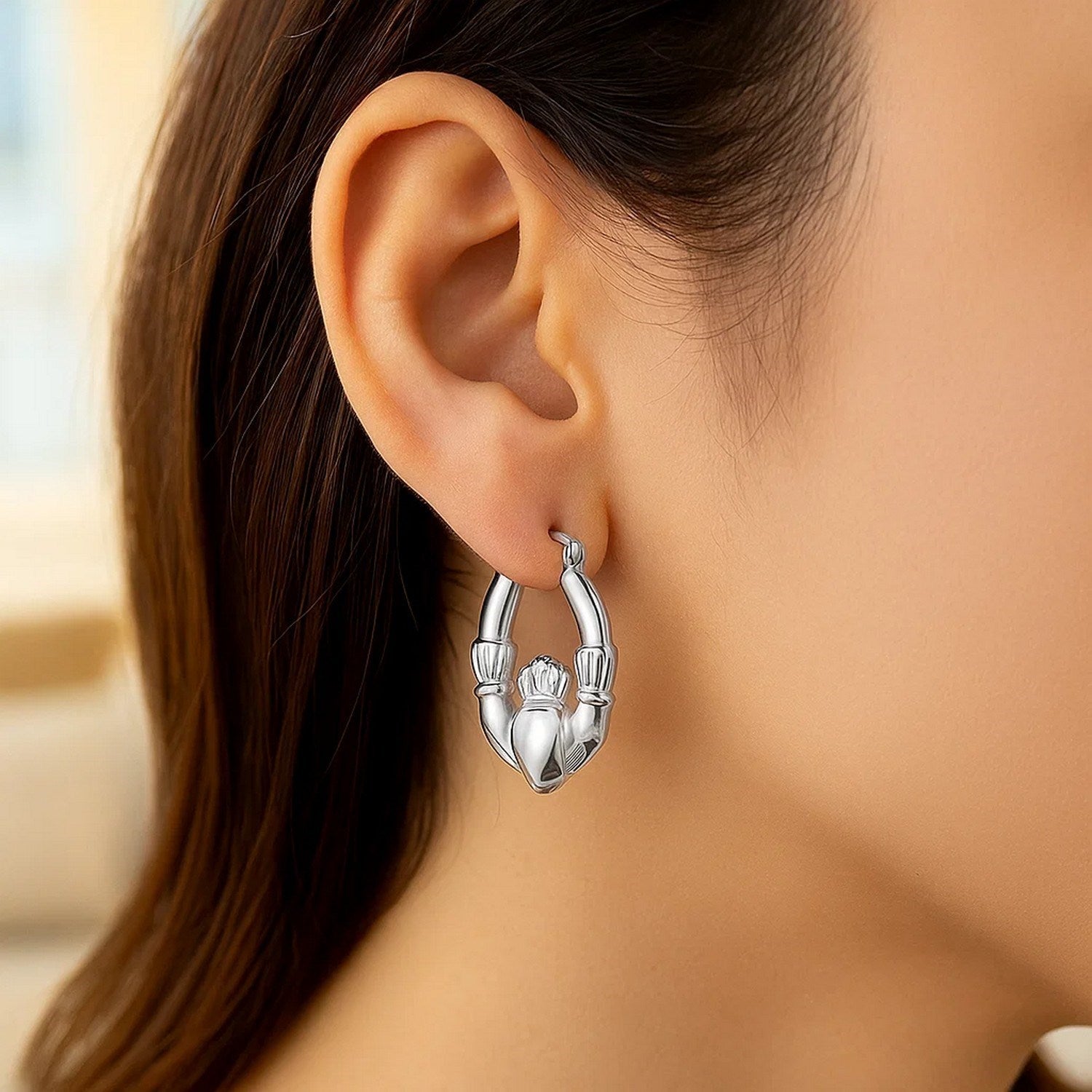 14K White Gold Claddagh Symbol Hoop Earrings