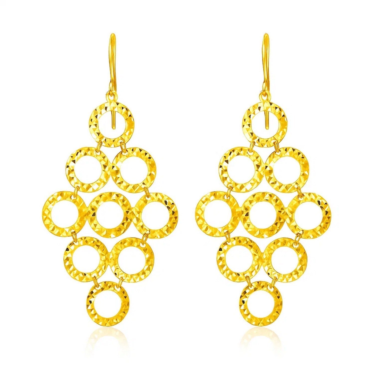 14k Yellow Gold Earrings with Textured Open Circle Motifs