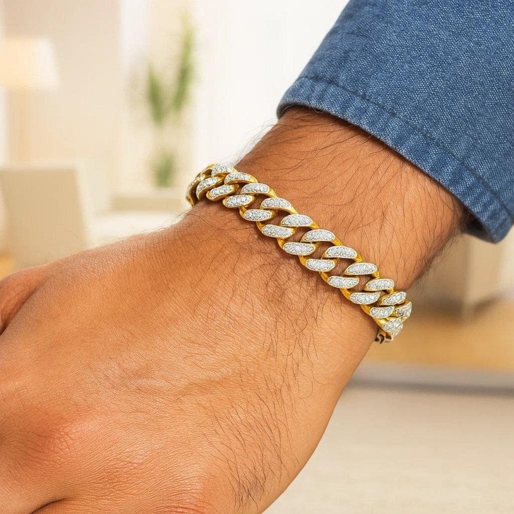 14k Two Tone Gold 8 1/4 inch Curb Chain Bracelet with White Pave (9.50 mm)