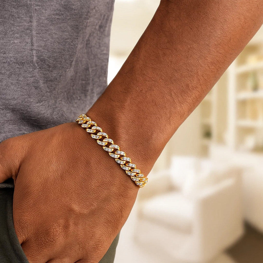 14k Yellow Gold White Pave High Polish Modern Lite Miami Cuban Bracelet(6.50 mm)