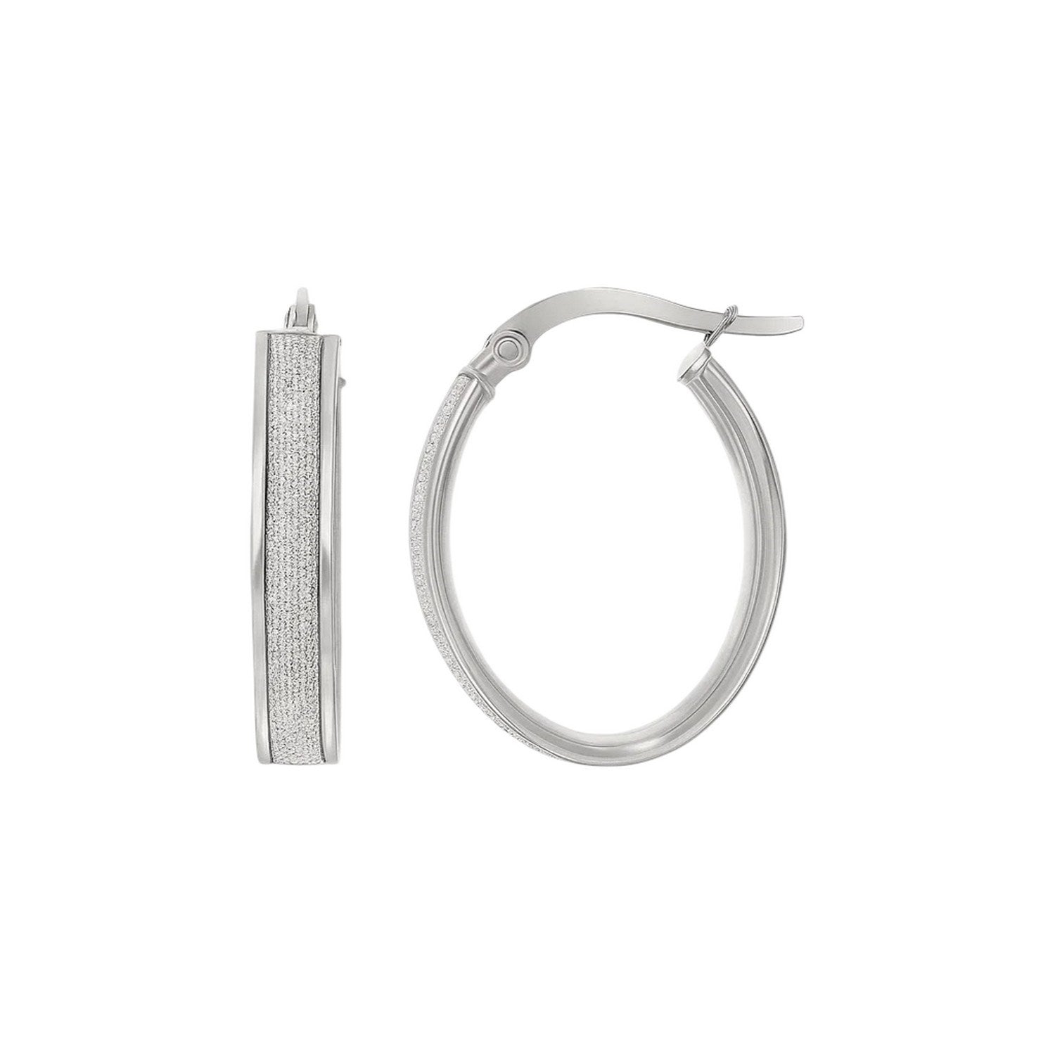 14k White Gold Glitter Center Oval Hoop Earrings(4x15mm)