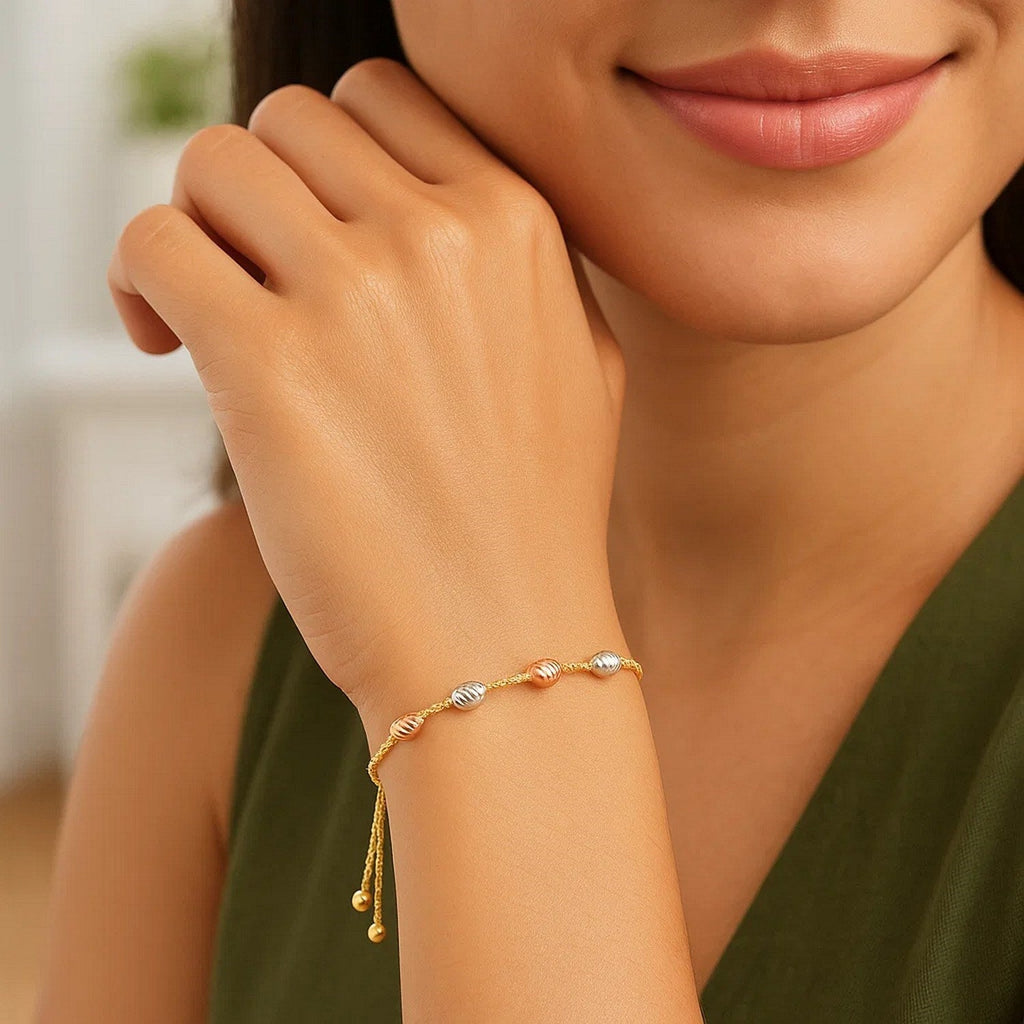 14k Tri-Color Gold Textured Oval Station Lariat Style Bracelet (1.20 mm)