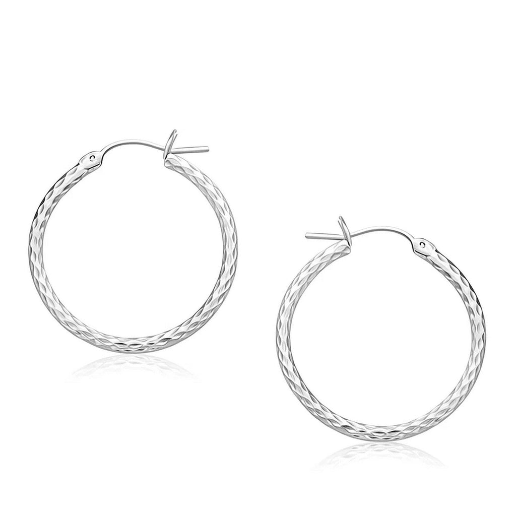 14k White Gold Diamond Cut Hoop Earrings  (2x25mm)