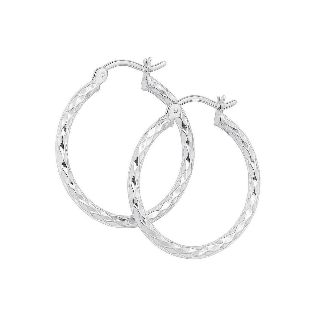 14k White Gold Diamond Cut Hoop Earrings  (2x25mm)
