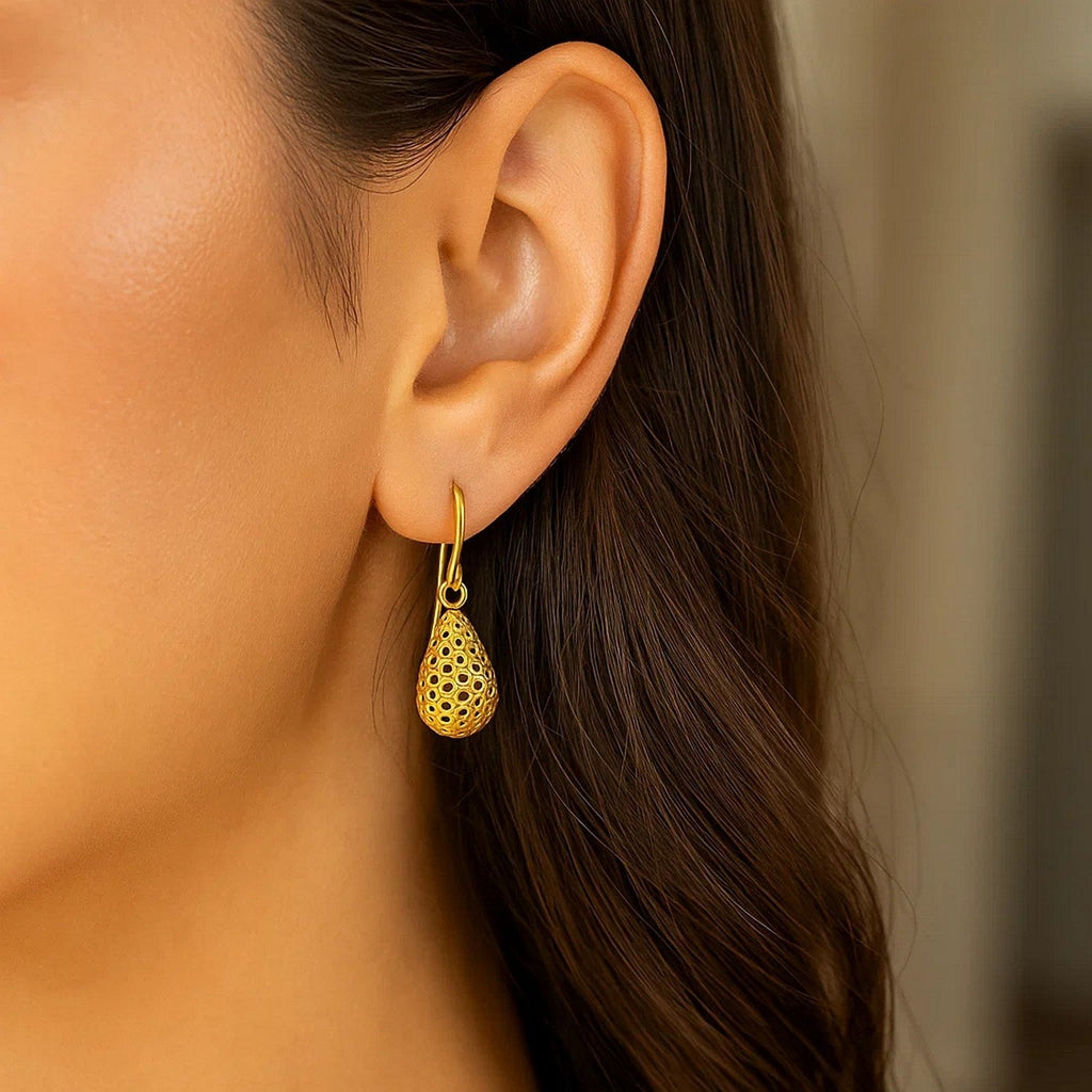 14k Yellow Gold Teardrop Drop Earrings with Honeycomb Texture