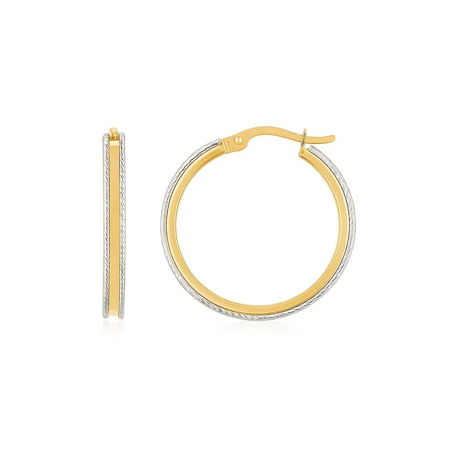 14K Two Tone Gold Diamond Cut Round Hoop Earrings